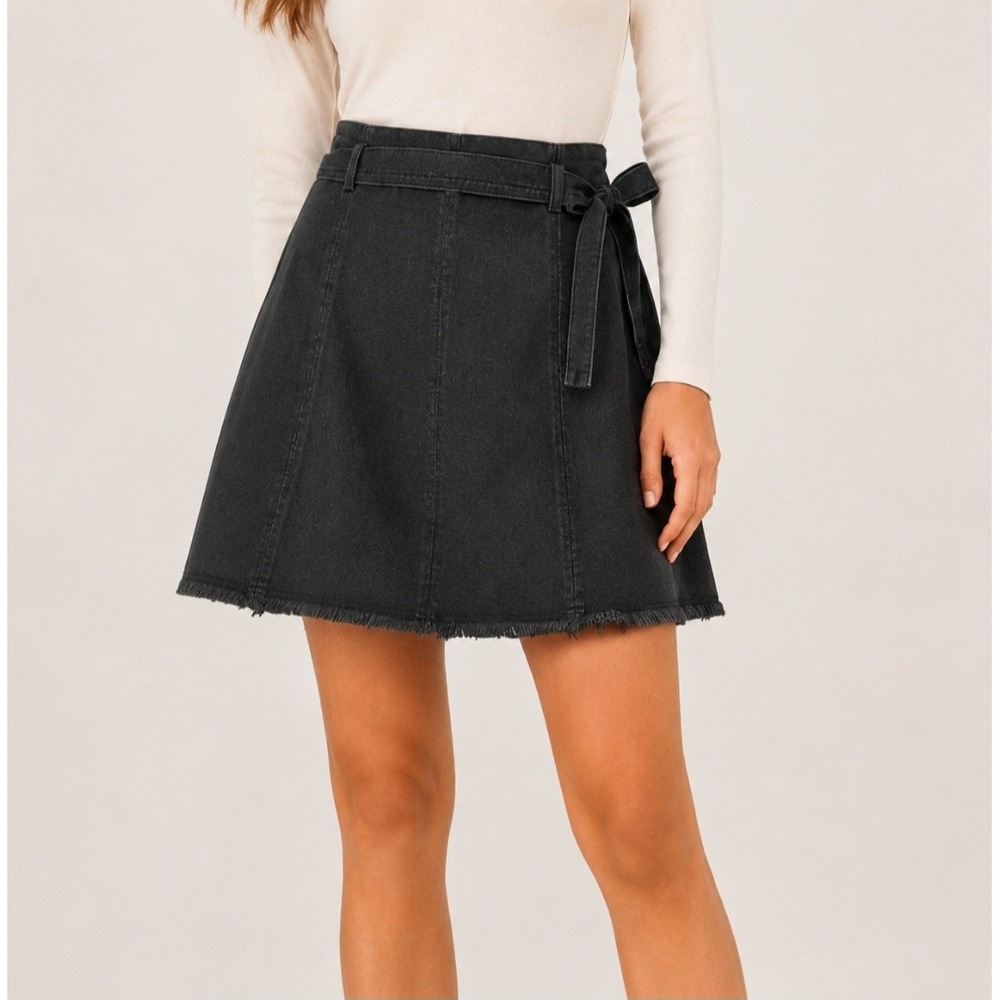 Maje Bella Black Belted Denim Mini‎ Skirt SZ 6 US 38 FR Raw Hem A-Line Chic Goth